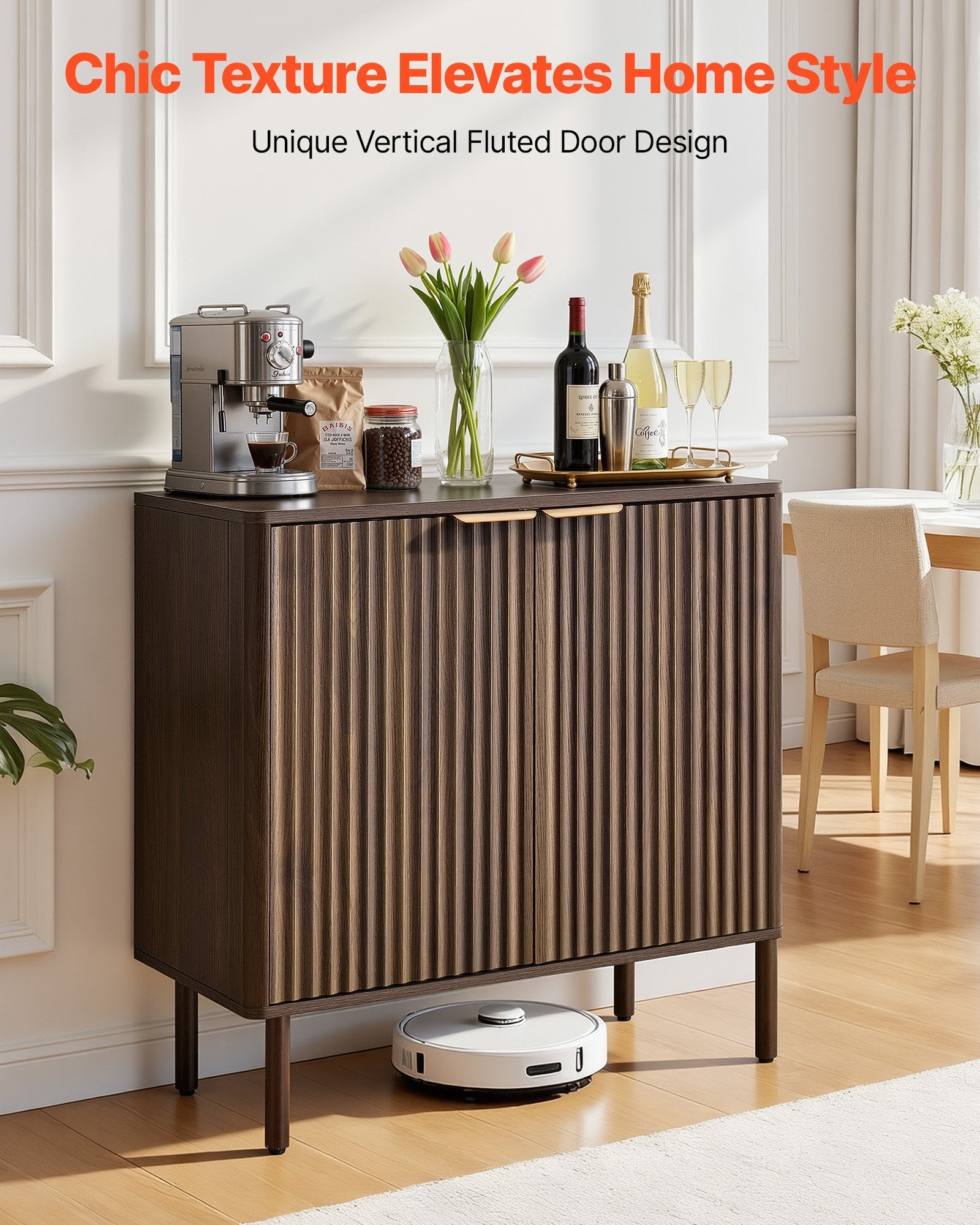 Coffee Bar Cabinet, Mid Century Fluted Coffee Bar Table with 2-Tier Storage, Buffet Stand Cabinet with Barn Door, Sideboard Buffet Station for Living Room, Entryway, 31.5 x 14.7 x 31.5 in Walnut