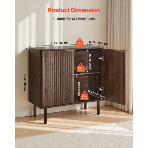 Coffee Bar Cabinet, Mid Century Fluted Coffee Bar Table with 2-Tier Storage, Buffet Stand Cabinet with Barn Door, Sideboard Buffet Station for Living Room, Entryway, 31.5 x 14.7 x 31.5 in Walnut