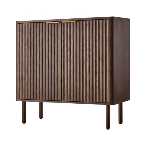 Coffee Bar Cabinet, Mid Century Fluted Coffee Bar Table with 2-Tier Storage, Buffet Stand Cabinet with Barn Door, Sideboard Buffet Station for Living Room, Entryway, 31.5 x 14.7 x 31.5 in Walnut