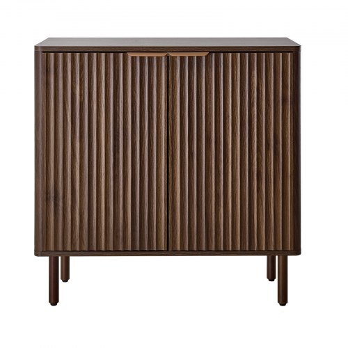 Coffee Bar Cabinet, Mid Century Fluted Coffee Bar Table with 2-Tier Storage, Buffet Stand Cabinet with Barn Door, Sideboard Buffet Station for Living Room, Entryway, 31.5 x 14.7 x 31.5 in Walnut