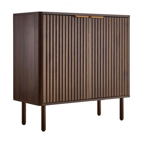 Coffee Bar Cabinet, Mid Century Fluted Coffee Bar Table with 2-Tier Storage, Buffet Stand Cabinet with Barn Door, Sideboard Buffet Station for Living Room, Entryway, 31.5 x 14.7 x 31.5 in Walnut