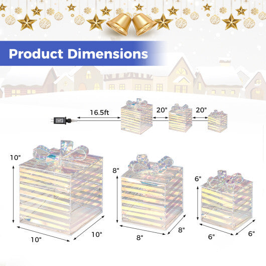 Set of 3 Christmas Lighted Gift Boxes with Bows and Plug