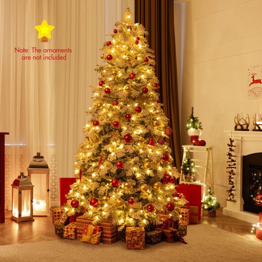 Artificial Snow-flocked Christmas Tree Pre-lit Hinged Xmas Tree with 130 Twinkle Balls-7 Feet - Color: Green - Size: 7 ft