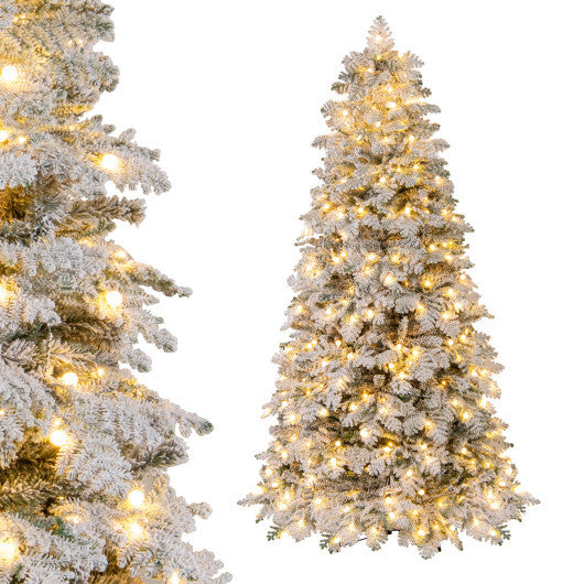 Artificial Snow-flocked Christmas Tree Pre-lit Hinged Xmas Tree with 130 Twinkle Balls-7 Feet - Color: Green - Size: 7 ft