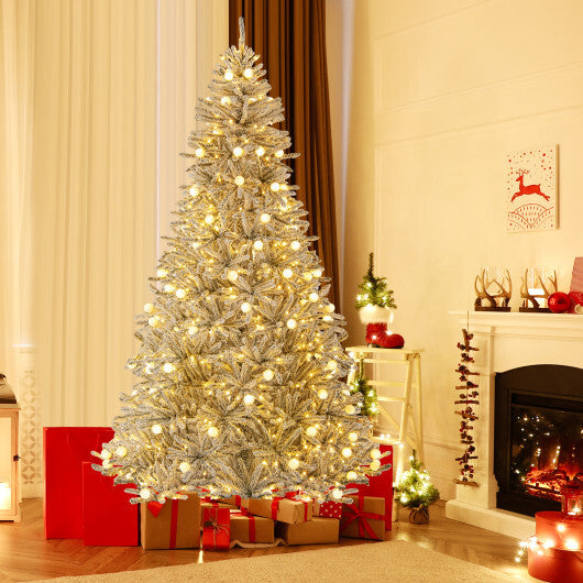 Snow-flocked Artificial Christmas Tree Pre-lit Hinged with 81 Sphere Lights and Remote - Color: Green - Size: 8 ft