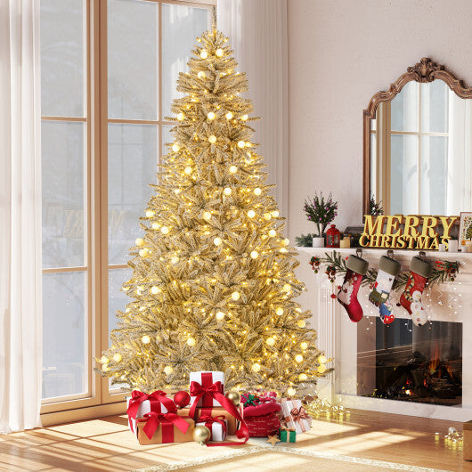 Snow-flocked Artificial Christmas Tree Pre-lit Hinged with 81 Sphere Lights and Remote - Color: Green - Size: 8 ft