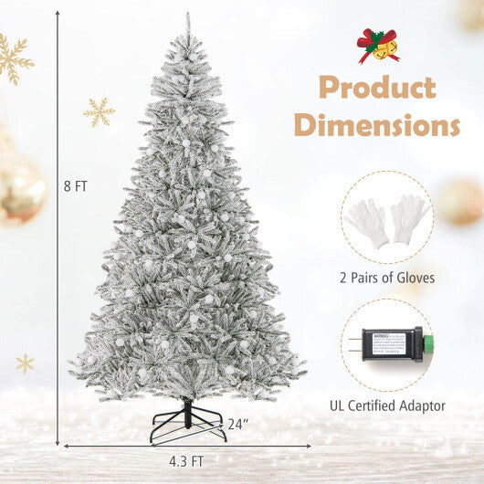 Snow-flocked Artificial Christmas Tree Pre-lit Hinged with 81 Sphere Lights and Remote - Color: Green - Size: 8 ft
