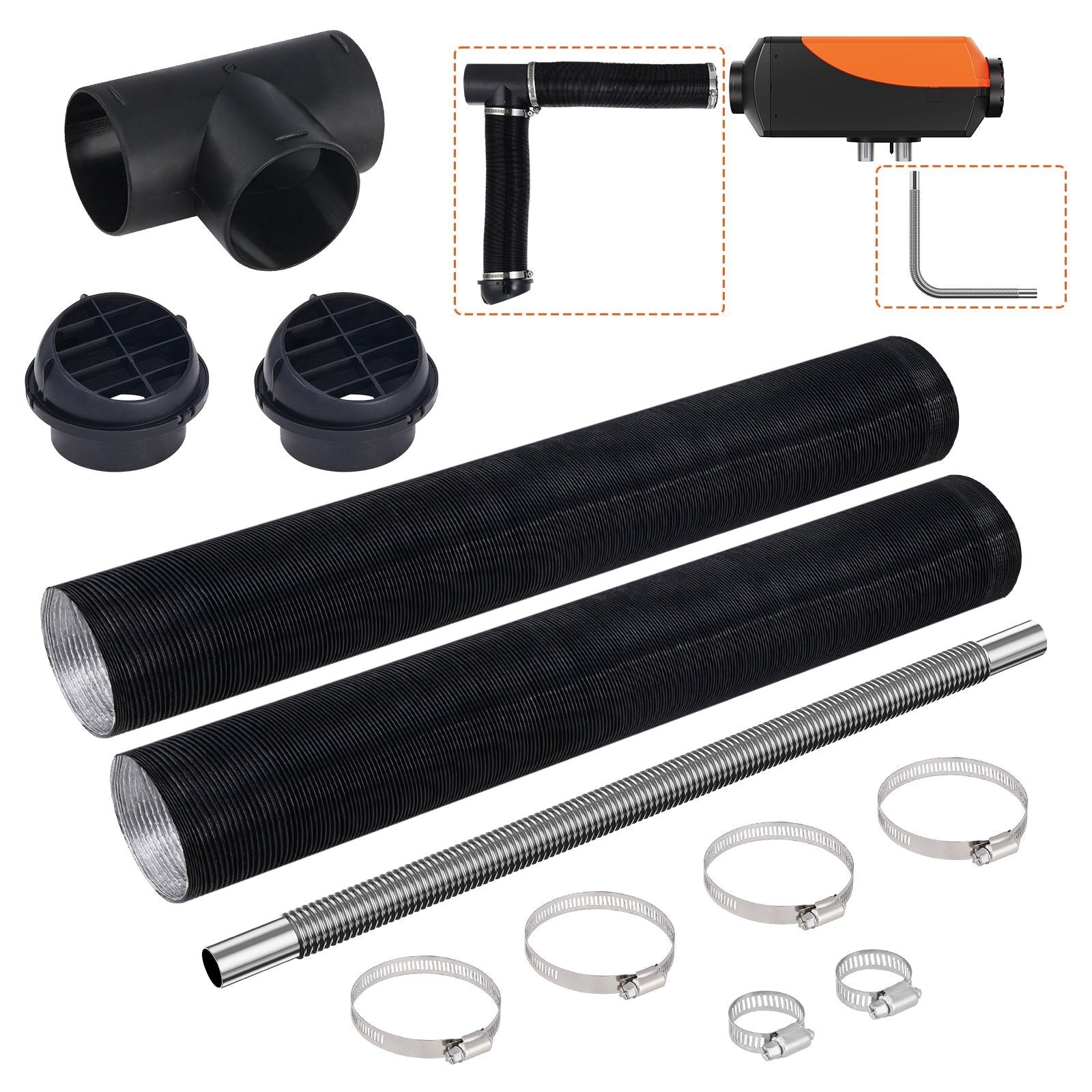 Diesel Heater Pipe Ducting Set, 3" Extendable Air Duct Hose, 1" Stainless Steel Exhaust Pipe, 2 Air Vents, Tee Air Outlet Connector and Hose Clamps, for 5KW/8KW Diesel Parking Heaters