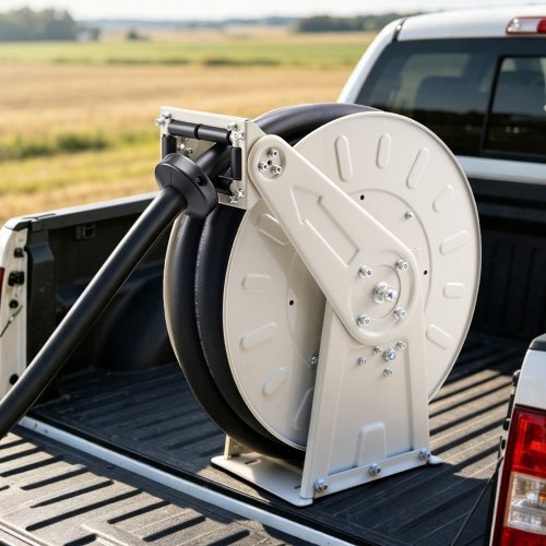 Fuel Hose Reel, 1 inch x 33 ft Retractable, Spring Driven Auto Swivel Rewind, 300 PSI, Heavy-Duty Carbon Steel Construction with Industrial Grade Rubber Hose, for Diesel Fuel, Kerosene