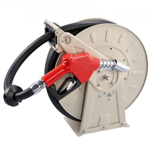 Fuel Hose Reel, 1 inch x 33 ft Retractable, Spring Driven Auto Swivel Rewind, 300 PSI, Heavy-Duty Carbon Steel Construction with Industrial Grade Rubber Hose, for Diesel Fuel, Kerosene