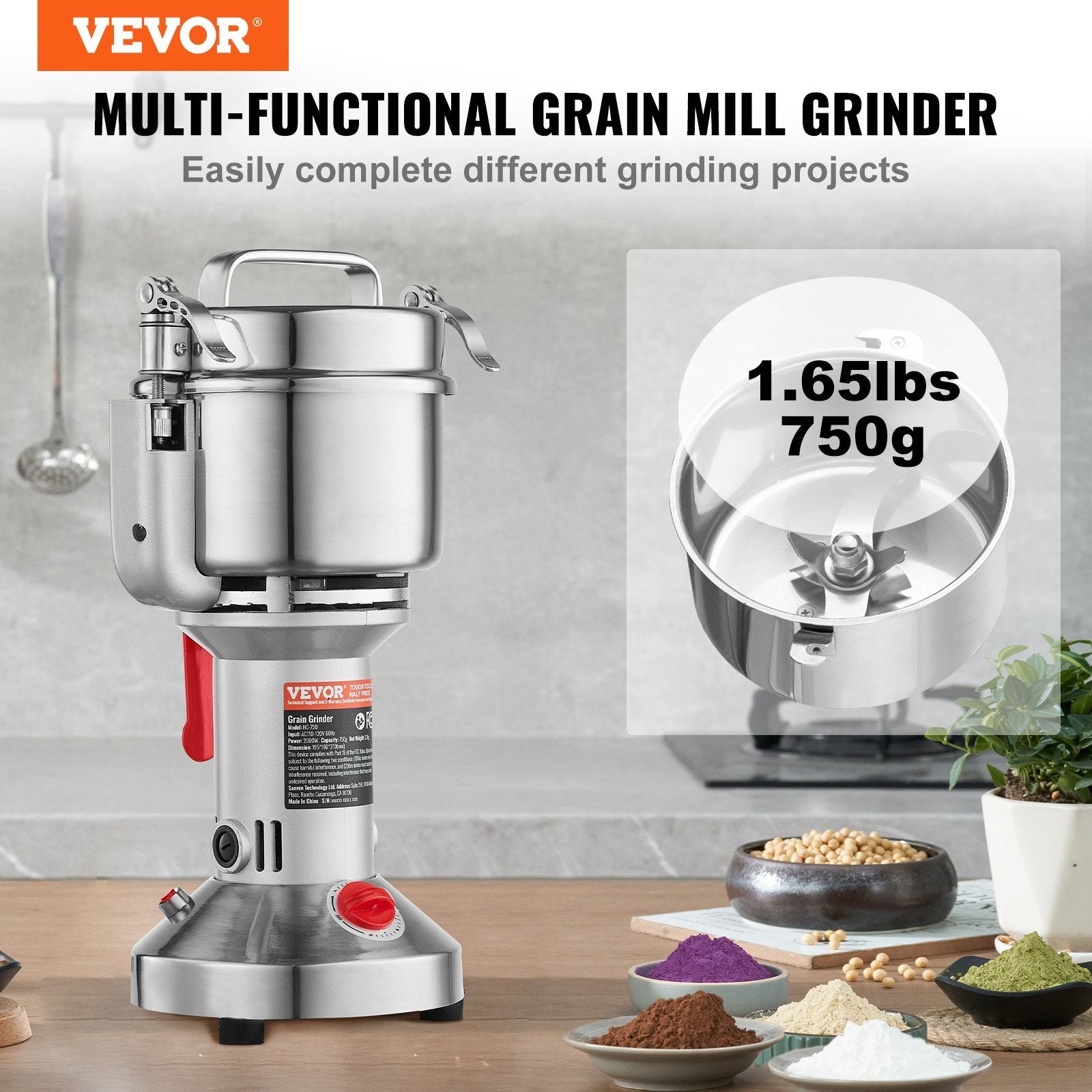 750g Electric Grain Mill Grinder, High Speed 2000W Commercial Spice Grinders, Stainless Steel Pulverizer Powder Machine, for Dry Grains Spices Cereals Coffee Corn Pepper, Straight Type