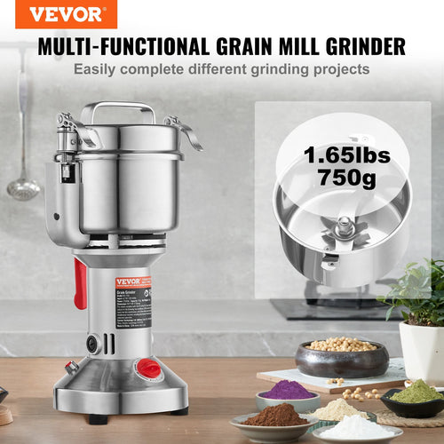 750g Electric Grain Mill Grinder, High Speed 2000W Commercial Spice Grinders, Stainless Steel Pulverizer Powder Machine, for Dry Grains Spices Cereals Coffee Corn Pepper, Straight Type