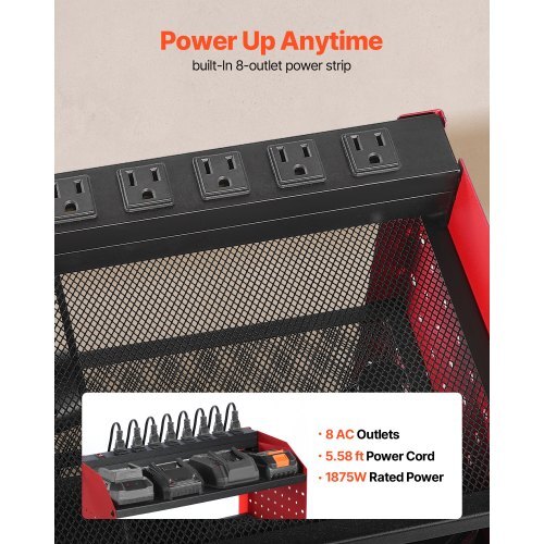 Power Tool Organizer with Charging Station, 3-Layer Drill Storage Rack with 4 Drill Holders & Side Pegboard, Garage Tool Organizer Built in 8 Outlet Power Strips for Garage, Workbench, Workshop