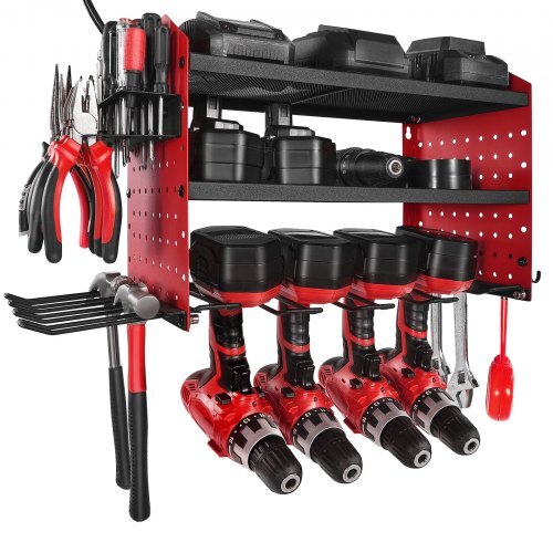 Power Tool Organizer with Charging Station, 3-Layer Drill Storage Rack with 4 Drill Holders & Side Pegboard, Garage Tool Organizer Built in 8 Outlet Power Strips for Garage, Workbench, Workshop