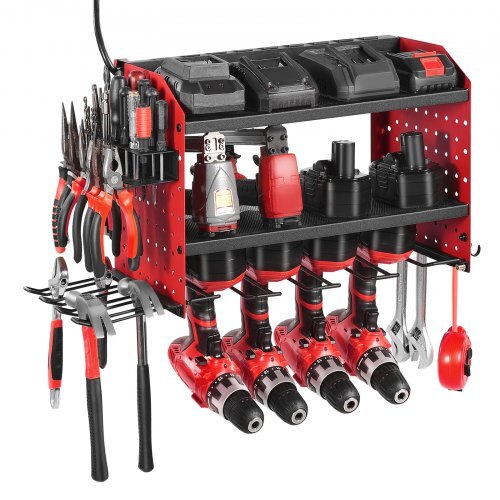 Power Tool Organizer with Charging Station, 3-Layer Drill Storage Rack with 4 Drill Holders & Side Pegboard, Garage Tool Organizer Built in 8 Outlet Power Strips for Garage, Workbench, Workshop