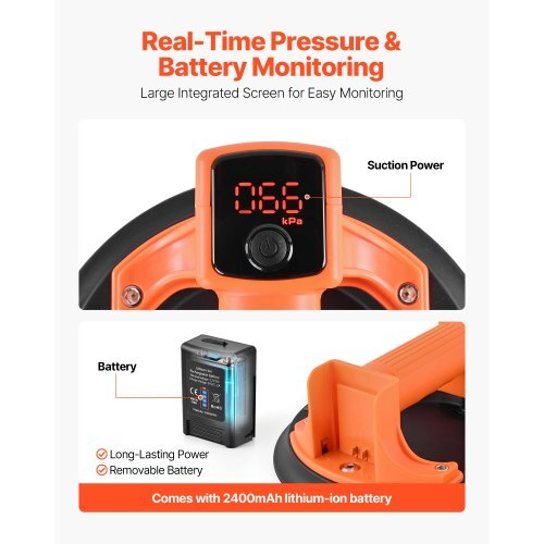 Electric Suction Cup, 8-Inch Vacuum Glass Lifter with Digital Display for Suction Power & Battery Level, 440 lbs Max Lifting Capacity Tile Suction Cup Tool for Lifting Tile, Granite (1-Pack)