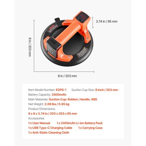 Electric Suction Cup, 8-Inch Vacuum Glass Lifter with Digital Display for Suction Power & Battery Level, 440 lbs Max Lifting Capacity Tile Suction Cup Tool for Lifting Tile, Granite (1-Pack)