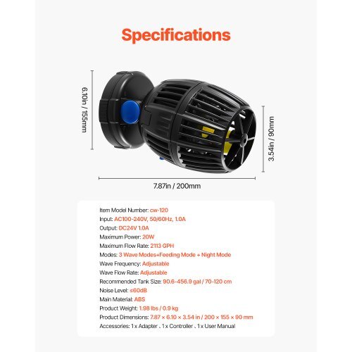 Aquarium Wave Maker, 20W, 2113 GPH Quiet and Strong DC Powerhead, Adjustable Fish Tank Circulation Pump with Controller, Strong Magnetic Base, 360 Rotating Wavemaker, for Freshwater Saltwater