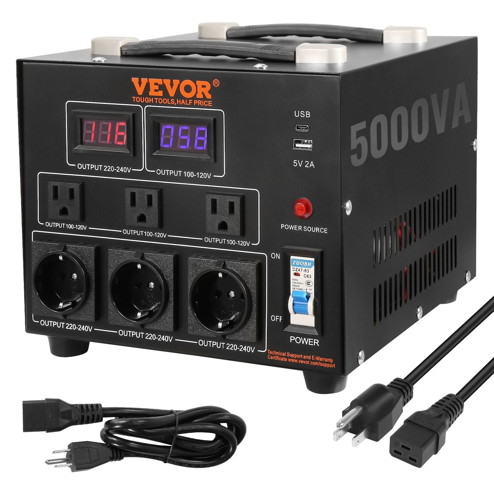 Voltage Converter Transformer, 5000W, Heavy Duty Step Up/Down Transformer, Convert from 110 Volt to 220 Volt and  from 220 Volt to 110 Volt, with US Outlet EU Outlet 5V USB Port, CE Certified