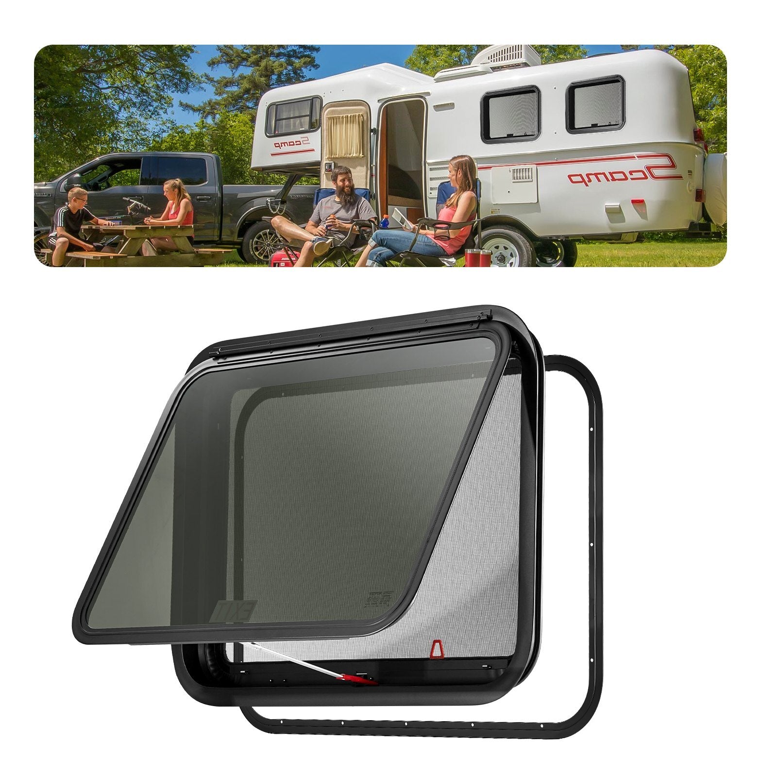 RV Exit Window, 30" W x 22" H Tinted RV Window with Net Screen and Trim Ring, Fit for 1 1/4" - 1 13/16" Thickness Wall, RV Window Replacement for Teardrop Cargo Trailer Camper, DOT Approved