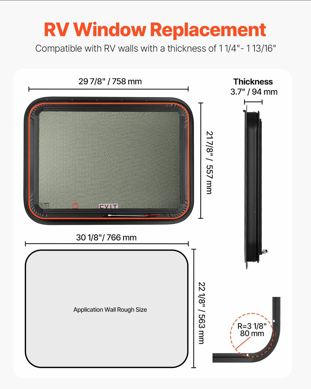 RV Exit Window, 30" W x 22" H Tinted RV Window with Net Screen and Trim Ring, Fit for 1 1/4" - 1 13/16" Thickness Wall, RV Window Replacement for Teardrop Cargo Trailer Camper, DOT Approved