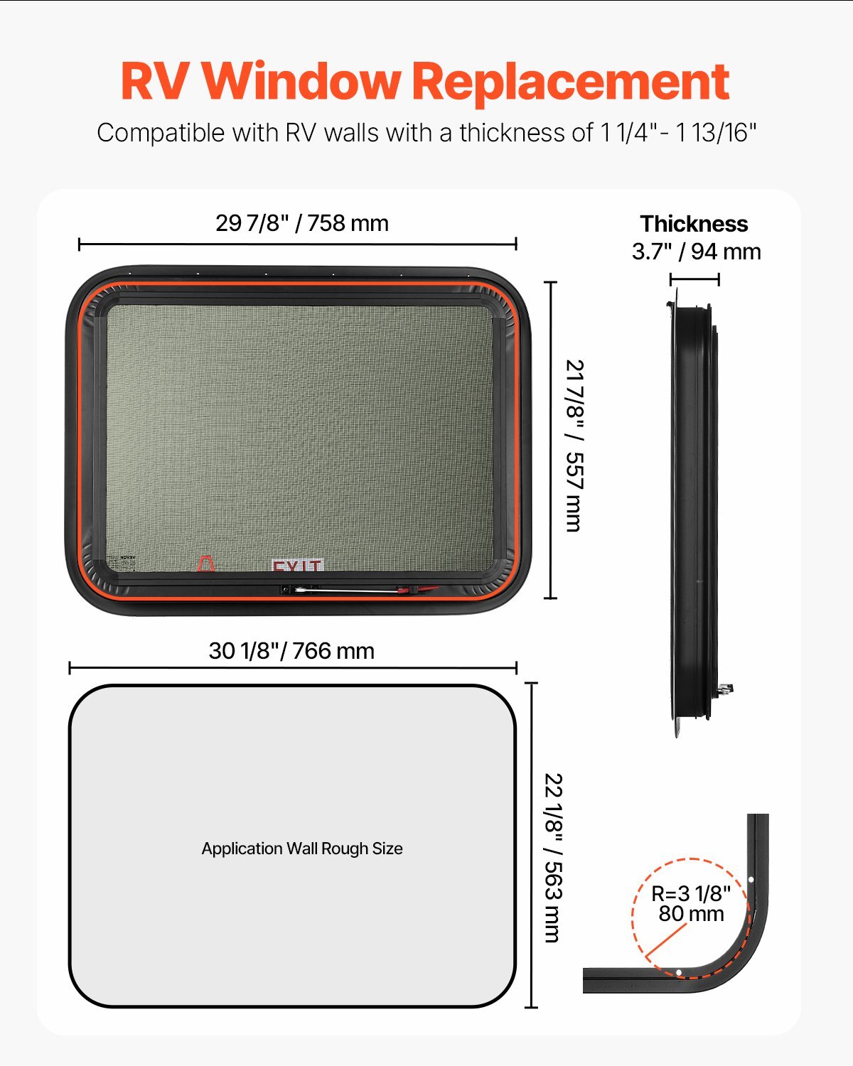 RV Exit Window, 30" W x 22" H Tinted RV Window with Net Screen and Trim Ring, Fit for 1 1/4" - 1 13/16" Thickness Wall, RV Window Replacement for Teardrop Cargo Trailer Camper, DOT Approved
