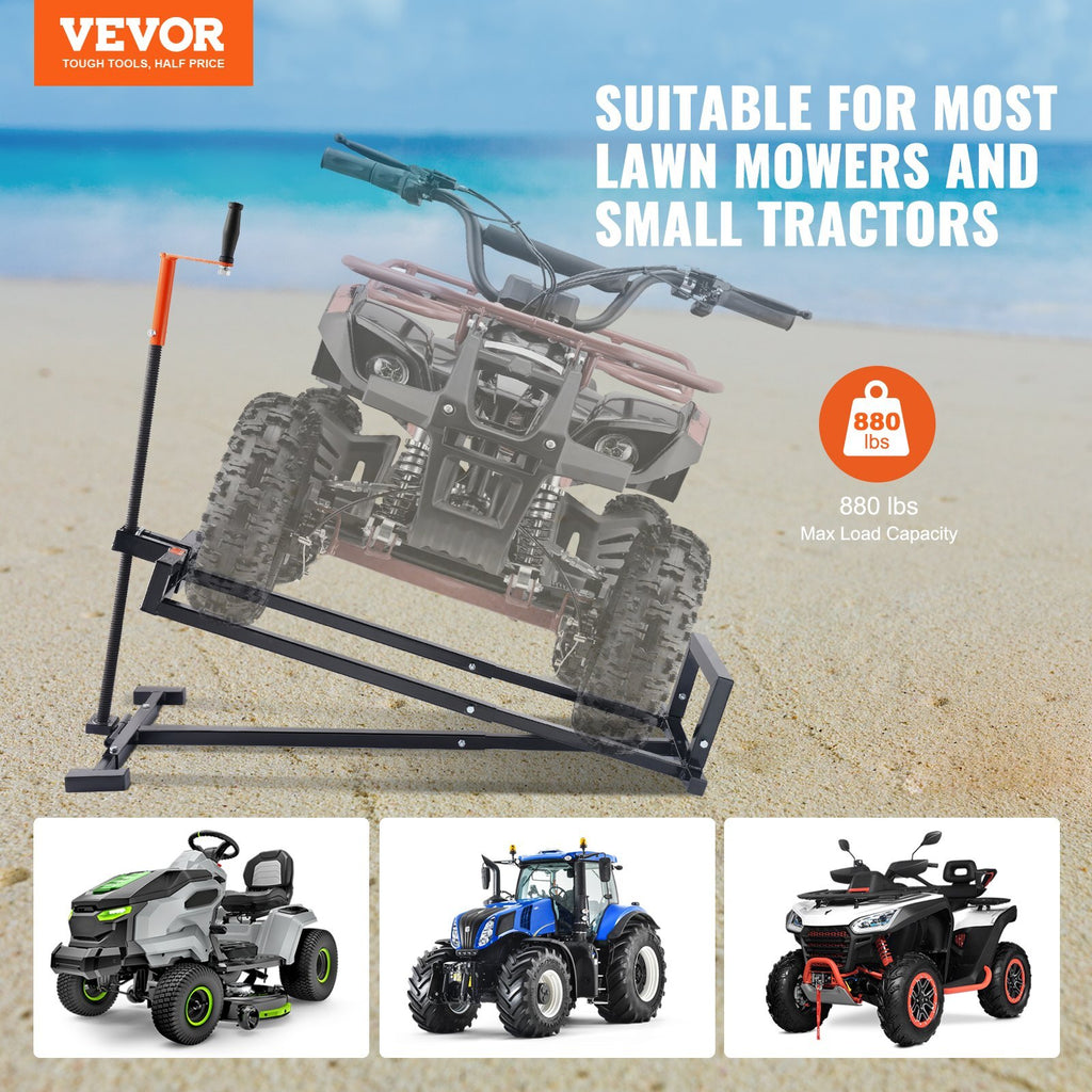 Ride on Lawn Mower Lift Jack, 880 Lbs Weight Capacity, Telescopic Maintenance Jack with Crank Handle & Power Tool Handle, Foldable Lawn Tractor Lifter for Lawn Mowers and Garden Tractors, Black