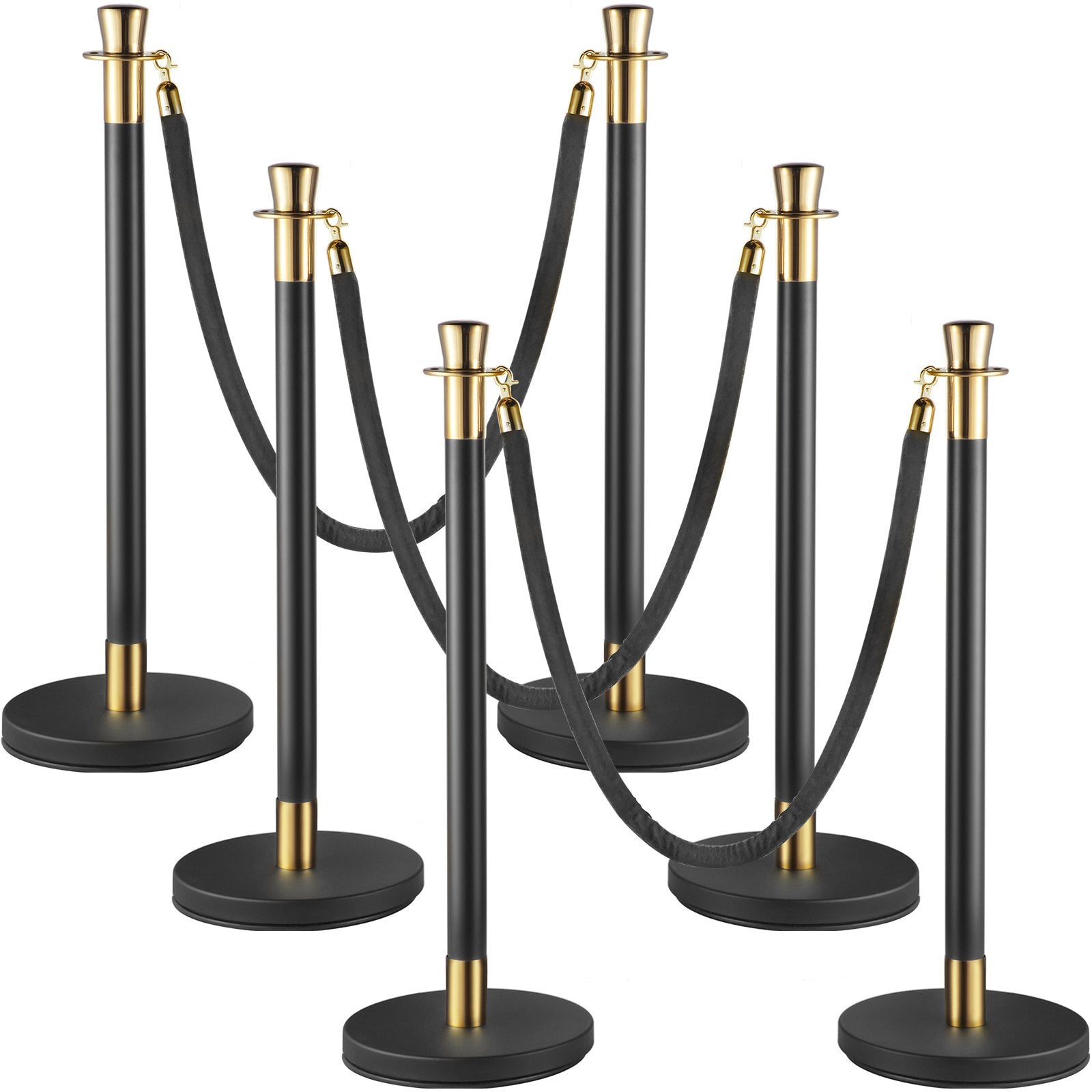 Crowd Control Stanchion, Set of 6 Pieces Stanchion Set, Stanchion Set with 5 ft/1.5 m Black Velvet Rope, Black Crowd Control Barrier with Sturdy Concrete and Metal Base  Easy Connect Assembly