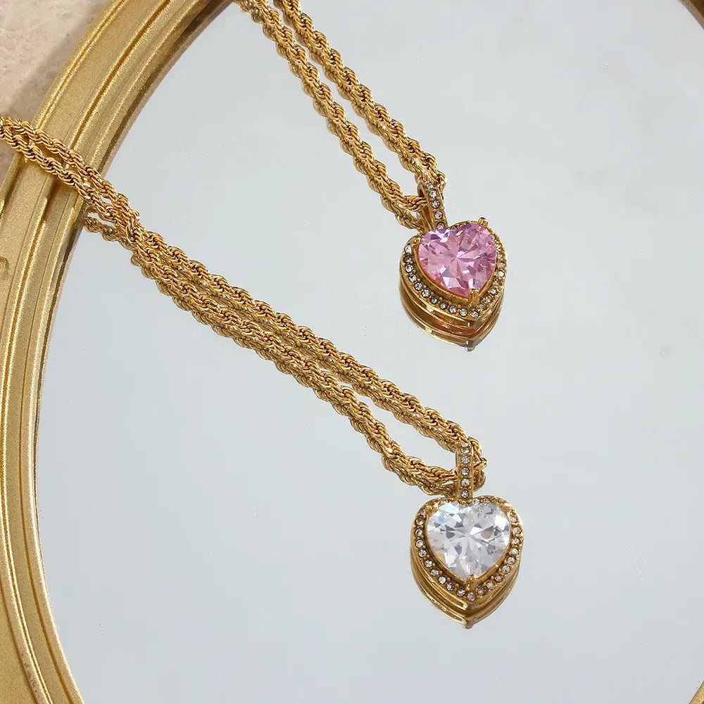 2022 New Stainless Steel PVD Plating Heart Shape AAA Cubic Zircon Stone Pendant Necklace Ladies Party Christmas Jewelry Gift