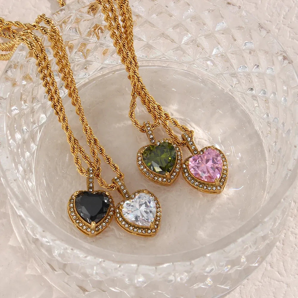 2022 New Stainless Steel PVD Plating Heart Shape AAA Cubic Zircon Stone Pendant Necklace Ladies Party Christmas Jewelry Gift