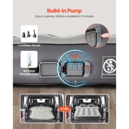Car Air Mattress, Fits Toyota 4runner, Jeep Wrangler, Inflatable Car Camping Mattress, Flocking Thickened Blow Up Travel Beds, Durable Portable Sleeping Pad with Built in Pump, 2 Pillows, Gray
