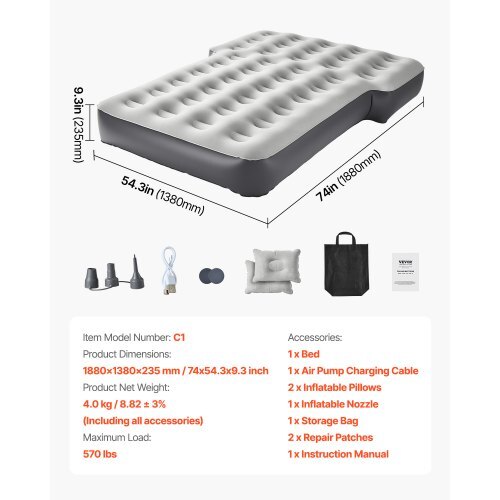 Car Air Mattress, Fits Toyota 4runner, Jeep Wrangler, Inflatable Car Camping Mattress, Flocking Thickened Blow Up Travel Beds, Durable Portable Sleeping Pad with Built in Pump, 2 Pillows, Gray