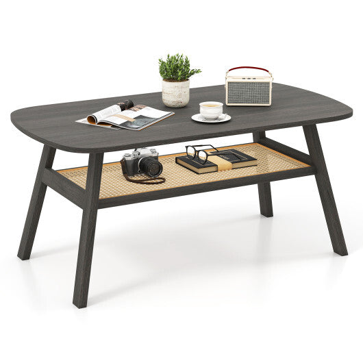 2-Tier Rectangular Center Coffee Table with Rattan Storage Shelf and Rubber Wood Legs-Dark Gray - Color: Dark Gray