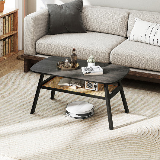 2-Tier Rectangular Center Coffee Table with Rattan Storage Shelf and Rubber Wood Legs-Dark Gray - Color: Dark Gray