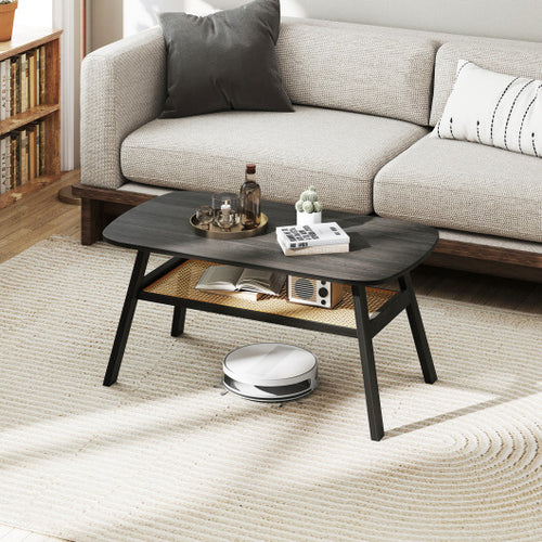 2-Tier Rectangular Center Coffee Table with Rattan Storage Shelf and Rubber Wood Legs-Dark Gray - Color: Dark Gray