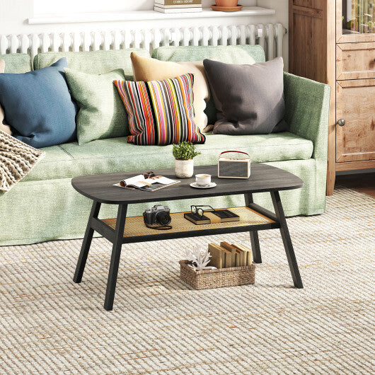 2-Tier Rectangular Center Coffee Table with Rattan Storage Shelf and Rubber Wood Legs-Dark Gray - Color: Dark Gray