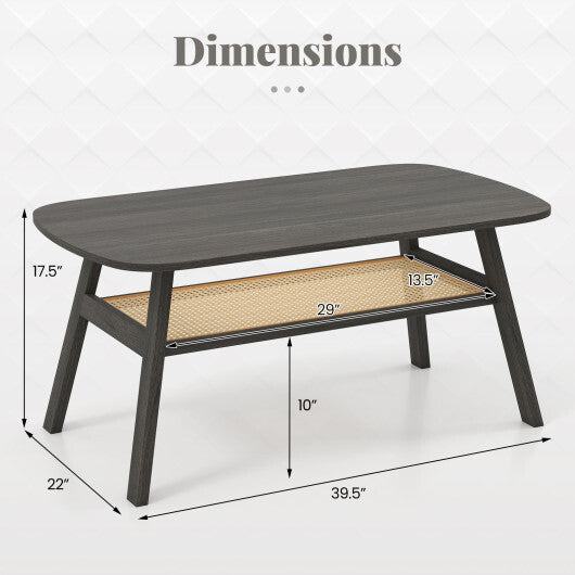 2-Tier Rectangular Center Coffee Table with Rattan Storage Shelf and Rubber Wood Legs-Dark Gray - Color: Dark Gray