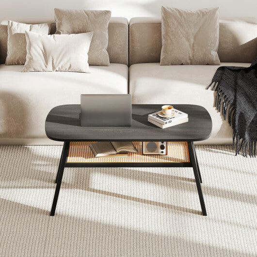 2-Tier Rectangular Center Coffee Table with Rattan Storage Shelf and Rubber Wood Legs-Dark Gray - Color: Dark Gray