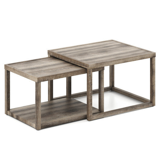 Nesting Coffee Table Set of 2 Stackable Rectangular End Tables-Gray - Color: Gray