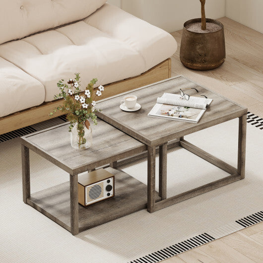Nesting Coffee Table Set of 2 Stackable Rectangular End Tables-Gray - Color: Gray