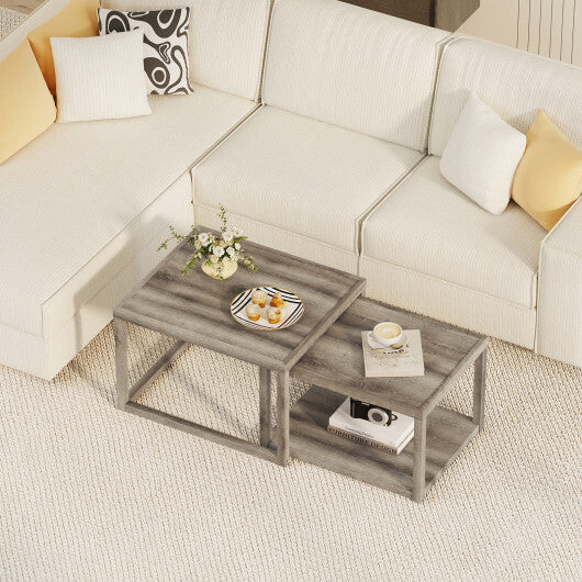 Nesting Coffee Table Set of 2 Stackable Rectangular End Tables-Gray - Color: Gray