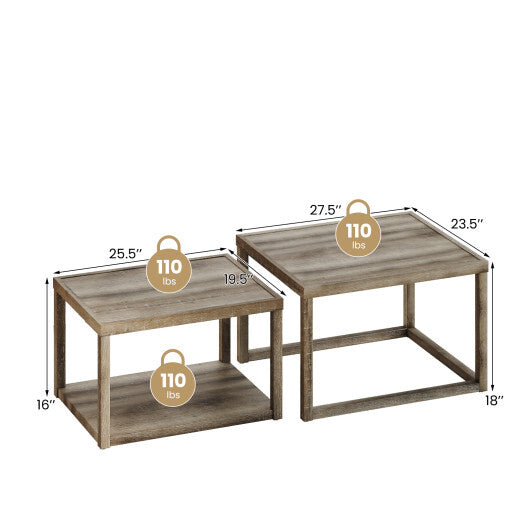 Nesting Coffee Table Set of 2 Stackable Rectangular End Tables-Gray - Color: Gray