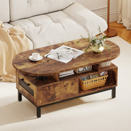 47 Inch Oval Coffee Table with Storage and Open Compartments for Living Room-Rustic Brown