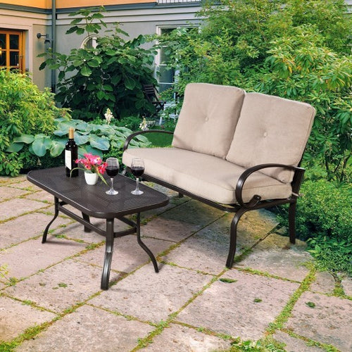 2 Pieces Patio Outdoor Cushioned Coffee Table Seat-Beige - Color: Beige