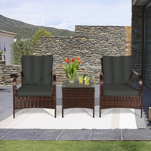 3 Pcs Patio Conversation Rattan Furniture Set with Glass Top Coffee Table and Cushions-Gray - Color: Gray