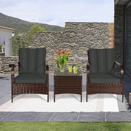 3 Pcs Patio Conversation Rattan Furniture Set with Glass Top Coffee Table and Cushions-Gray - Color: Gray