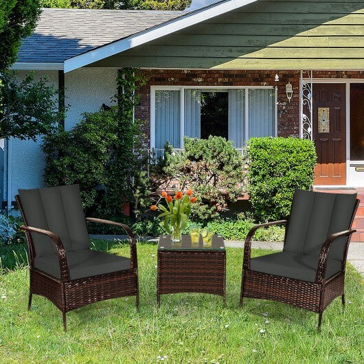 3 Pcs Patio Conversation Rattan Furniture Set with Glass Top Coffee Table and Cushions-Gray - Color: Gray