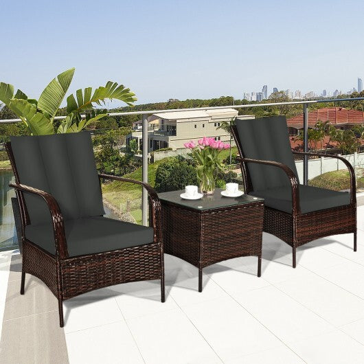 3 Pcs Patio Conversation Rattan Furniture Set with Glass Top Coffee Table and Cushions-Gray - Color: Gray