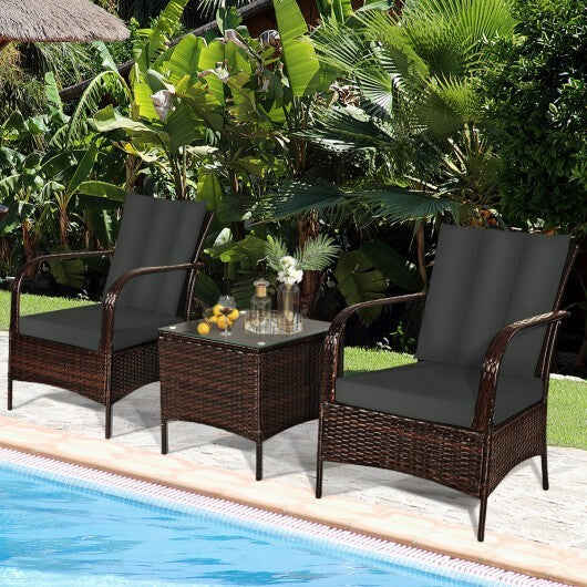 3 Pcs Patio Conversation Rattan Furniture Set with Glass Top Coffee Table and Cushions-Gray - Color: Gray