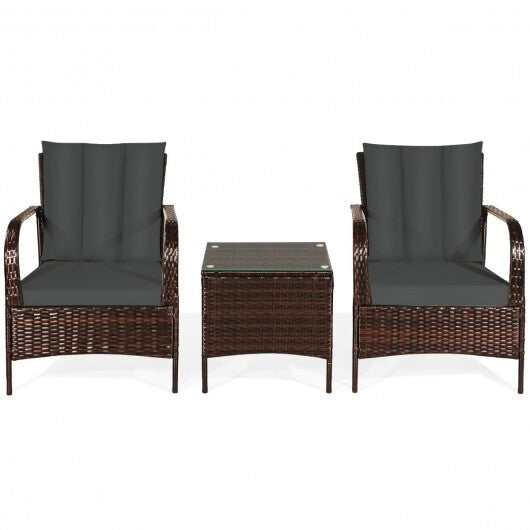 3 Pcs Patio Conversation Rattan Furniture Set with Glass Top Coffee Table and Cushions-Gray - Color: Gray